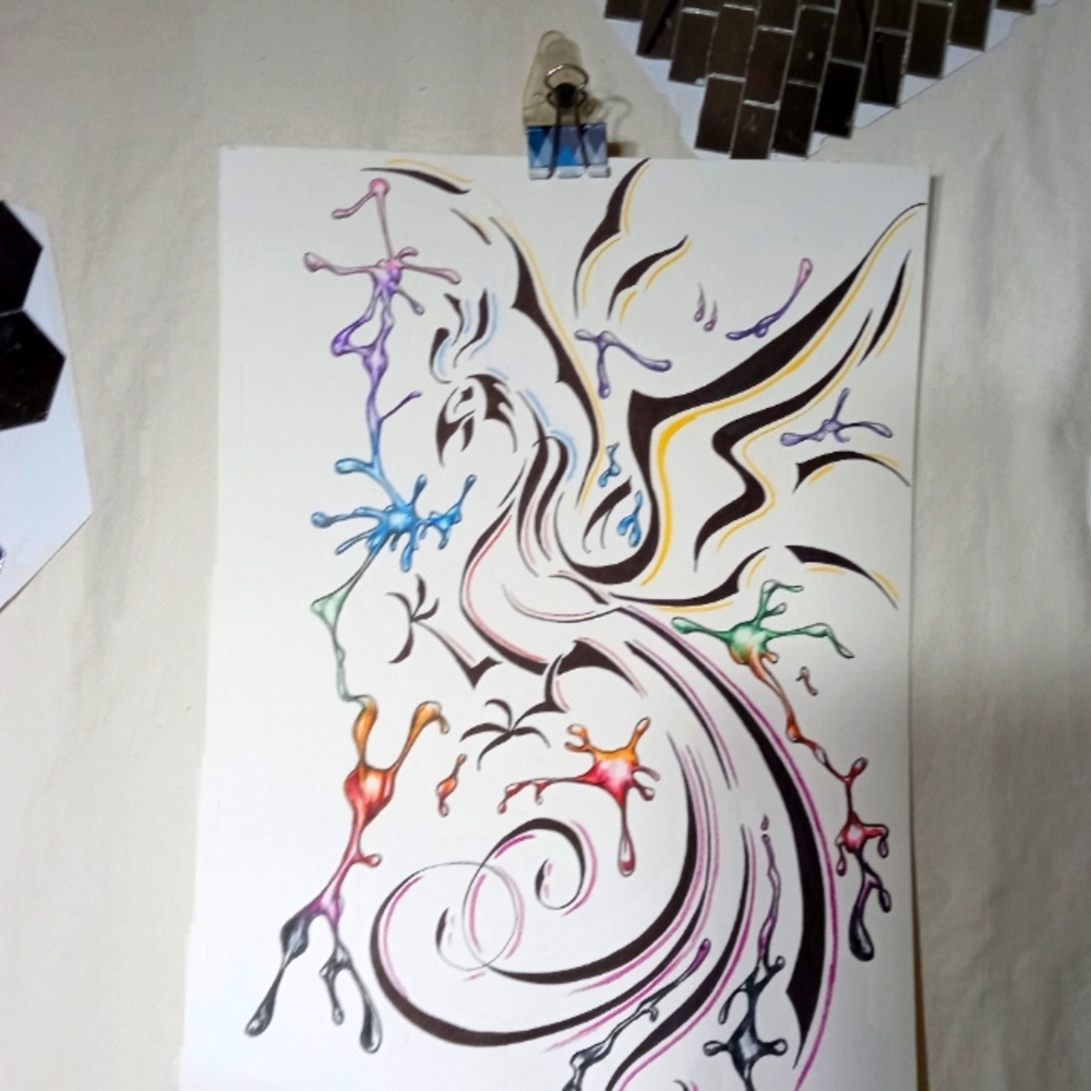 Prison art "phoenix splat" colored pencil drawing of a phoenix splat wit…